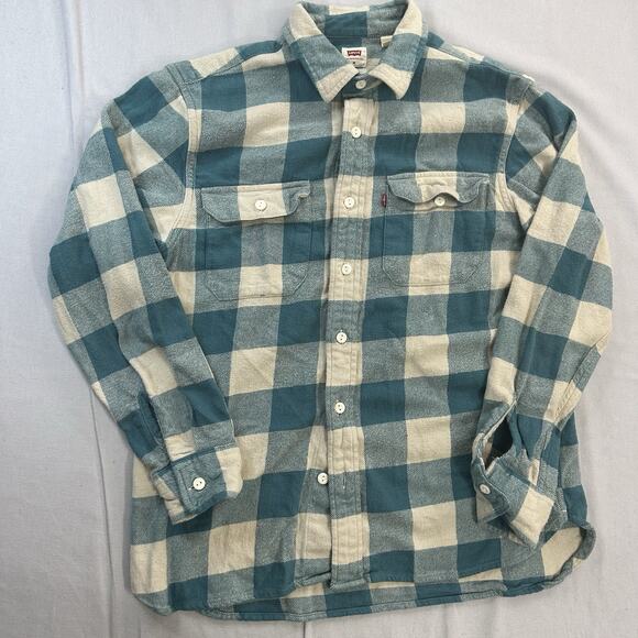 Levi’s Flannel Plaid Button Down Shirt Top Women’s Size Medium Blue - Picture 1 of 7